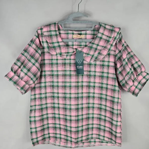 [BUNJANG] Couture Pink Check Frill Puff Sleeve Short Sleeve Blouse / [무료배송]새상품 꾸띠 F 루즈핏 체크 프릴 퍼프소매 반팔 블라우스 핑크