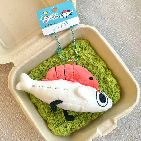 [BUNJANG] SanX Shirataki Shrimp Riding Anchovy Plush Keychain / (새상품) 산엑스 시라스타이 밥새우를 업고 도망치는 멸치 인형 키링