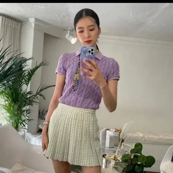 [BUNJANG] Polo Ralph Lauren Lavender Cable Knit Short Sleeve Polo Shirt / 폴로 랄프로렌 연보라 꽈배기 카라 반팔 니트 이유 비 아이린 착용