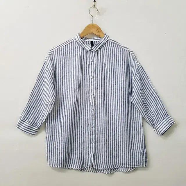 [BUNJANG] Heavenly 100% Linen Stripe 3/4 Sleeve Shirt Navy / HEAVENLY 린넨 100% 스트라이프 칠부 셔츠 네이비