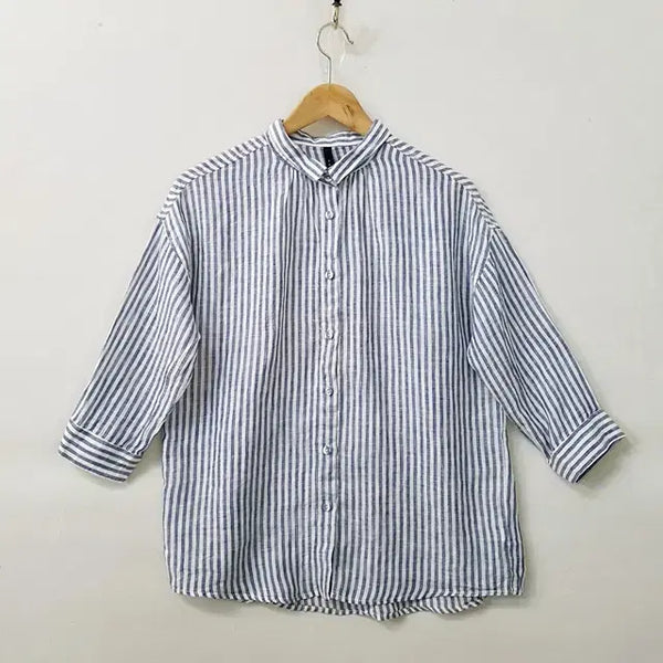 [BUNJANG] Heavenly 100% Linen Stripe 3/4 Sleeve Shirt Navy / HEAVENLY 린넨 100% 스트라이프 칠부 셔츠 네이비