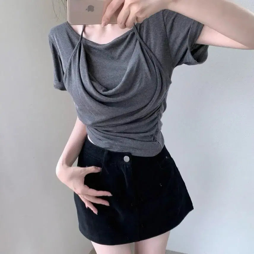 [BUNJANG] Spandex Halterneck Layered T-Shirt (Size Free, Fits 55-77) / 새상품 반팔 홀터넥 레이어드 티셔츠 스판 빅사이즈 가능 55-77