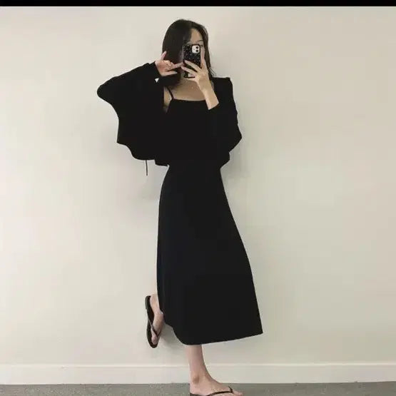 [BUNJANG] One-Piece Hooded Cardigan Set / 원피스 후드가디건세트