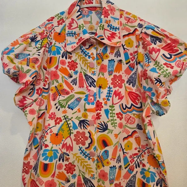 [BUNJANG] Lovely Flower Pattern Puff Sleeve Blouse / 사랑스런 플라워 패턴 퍼프 소매 블라우스