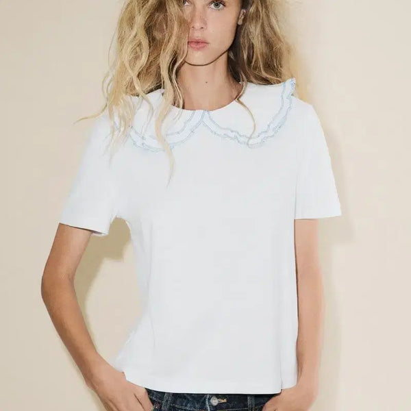 [BUNJANG] ZARA White Frill Collar T-Shirt S / 자라 화이트 프릴 칼라 티셔츠S 새제품