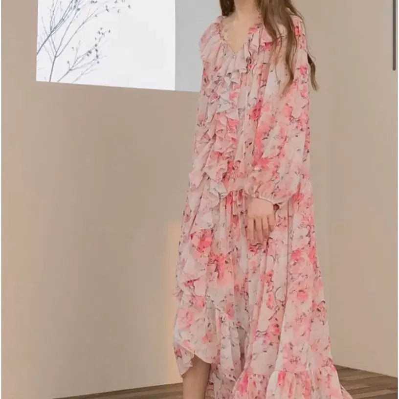 [BUNJANG] Bloomin Ruffle Robe Dress Pink Apricot Flower / 블루민 러플 로브 원피스 핑크살구꽃
