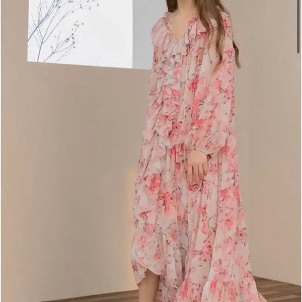 [BUNJANG] Bloomin Ruffle Robe Dress Pink Apricot Flower / 블루민 러플 로브 원피스 핑크살구꽃