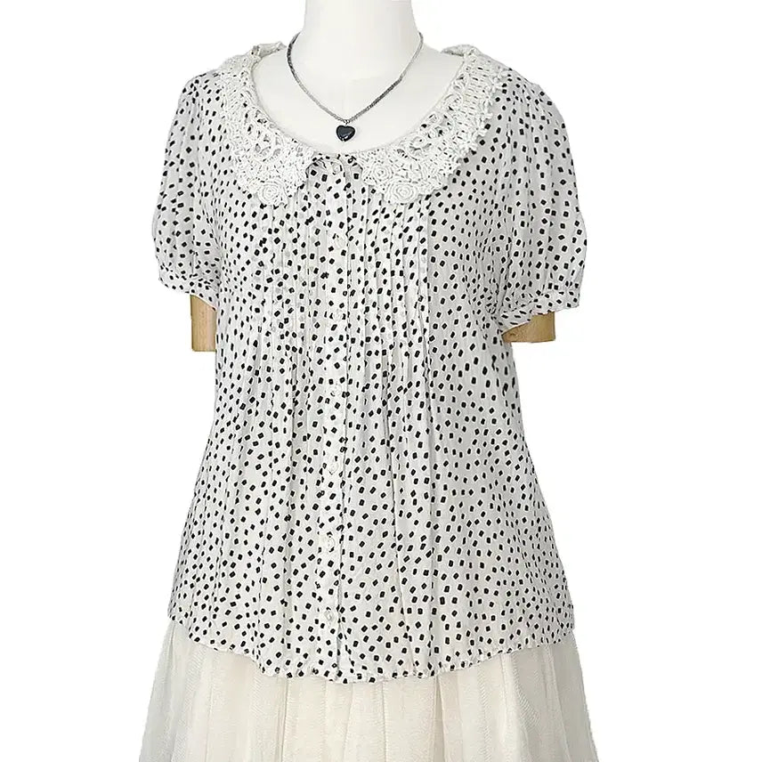 [BUNJANG] Vintage Polka Dot Lace Collar Pintuck Balloon Sleeve Shirt / 일본빈티지 도트땡땡이레이스카라 핀턱벌룬캡소매셔츠티모리걸갸루y2k히피에스닉