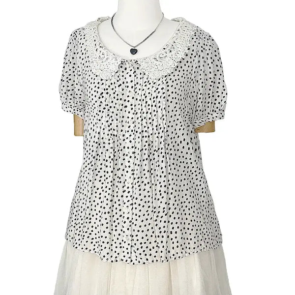 [BUNJANG] Vintage Polka Dot Lace Collar Pintuck Balloon Sleeve Shirt / 일본빈티지 도트땡땡이레이스카라 핀턱벌룬캡소매셔츠티모리걸갸루y2k히피에스닉