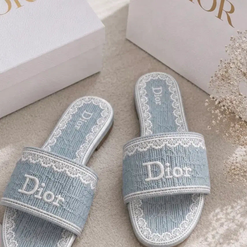 [BUNJANG] Dior Oblique Dentelle Lace Slide Sandals Sky Blue Women's 240mm / 디올 OBLIQUE 덴텔 레이스 슬라이드 하늘색 여성 슬리퍼 240mm