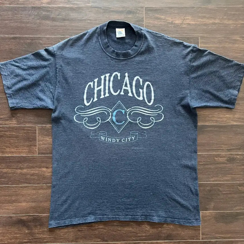 [BUNJANG] Vintage Chicago Striped T-Shirt / [L] 미국 빈티지 싱글스티치 시카고 스프라이프 티셔츠