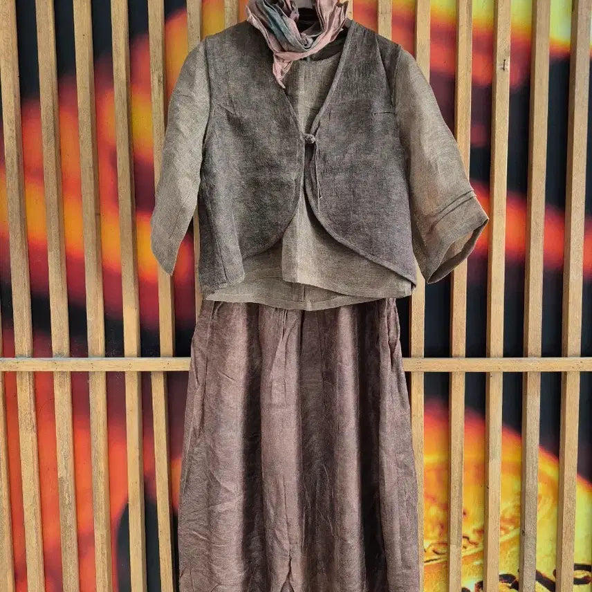 [BUNJANG] Natural Dyed Crop Jacket, Vest, and Skirt Set / 천연염색 크롭 자켓 + 조끼+ 스커트 세트 브라운