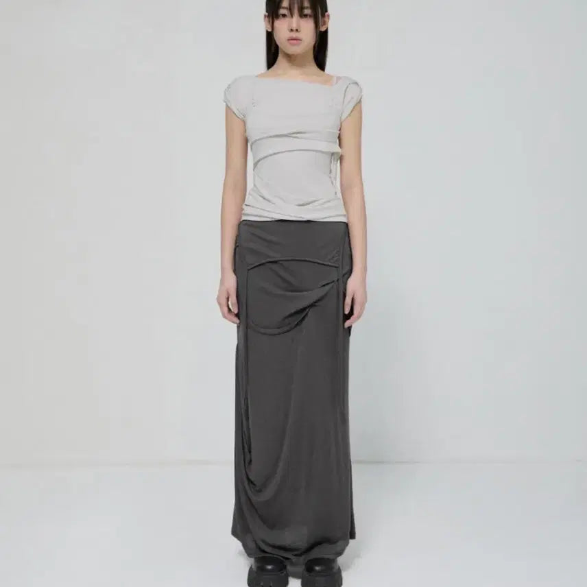 [BUNJANG] Flare Up Asymmetrical Drape Long Skirt Dark Gray / 플레어업 에스메트리컬 드레이프 롱 스커트 다크 그레이