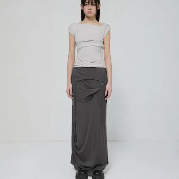 [BUNJANG] Flare Up Asymmetrical Drape Long Skirt Dark Gray / 플레어업 에스메트리컬 드레이프 롱 스커트 다크 그레이