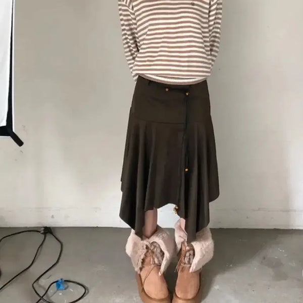 [BUNJANG] Bohemian Layered Suede Midi Skirt Khaki / 보헤미안 레이어드 스웨이드 미디스커트 카키색