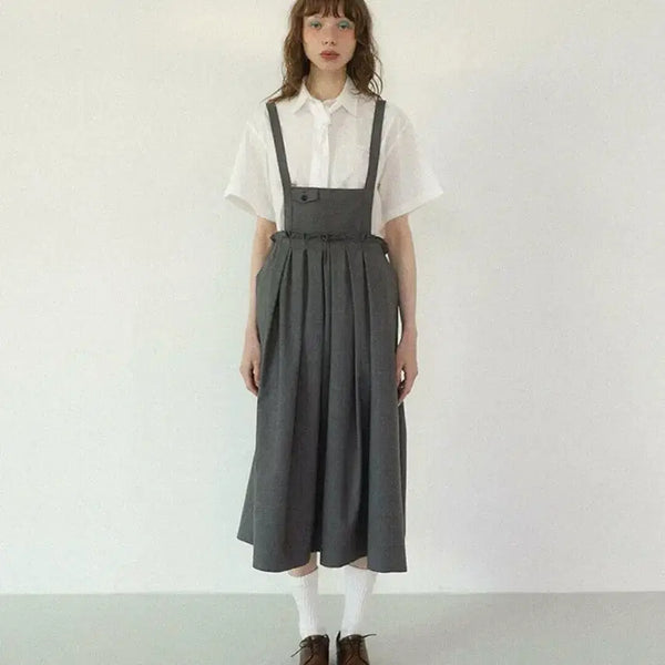 [BUNJANG] Pletta Pintuck Overall Skirt - Grey & Organza Pocket Shirts with Tie - White Set / [플레따] 세트 Pintuck Overall Skirt- 그레이 / Organza Pocket Shirts with Tie_화이트 세트판매