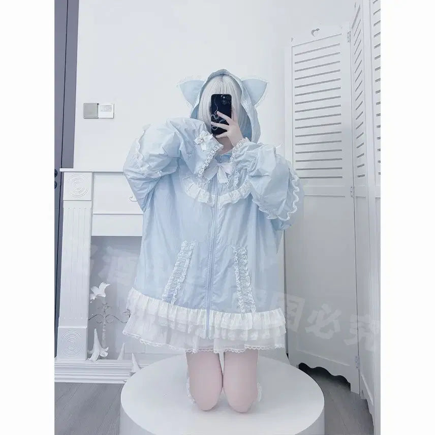 [BUNJANG] Daily Windbreaker Lace Frill Hooded Cardigan / 양산형 지뢰계 레이스 프릴 후드집업 가디건 데일리 바람막이(3컬러)
