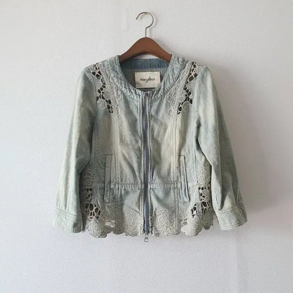 [BUNJANG] Narcissus Vintage Washed Denim Jacket with Lace Embroidery / Narcissus 연청 워싱 펀칭 레이스 자수 데님 자켓 청자켓 블루종