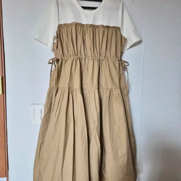 [BUNJANG] White Beige Mix Short Sleeve Midi Dress / 화이트 베이지 믹스 반팔 원피스