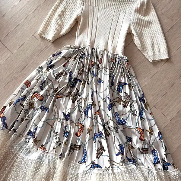 [BUNJANG] Egoist Knit Pleated Lace Sheer Long Dress / 21년 에고이스트 니트배색 플리츠 레이스 샤 롱원피스퍼프소매도트반팔아이보