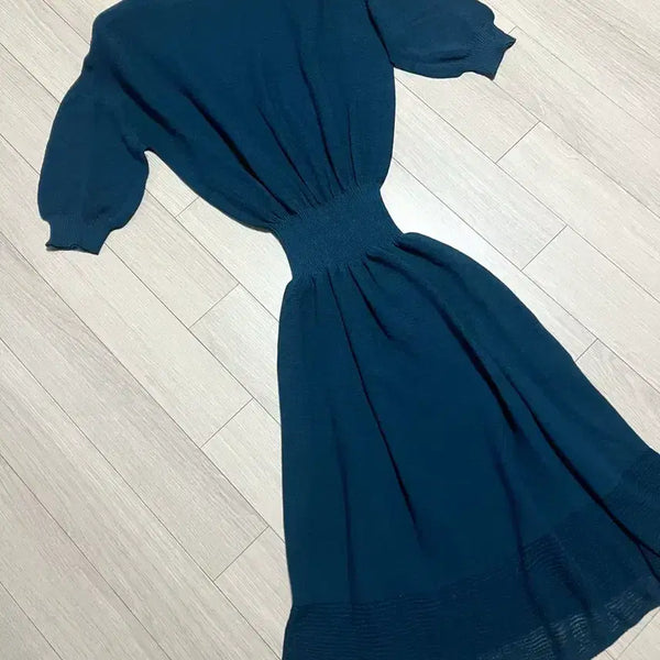 [BUNJANG] SJSJ Linen Blend Knit Midi Dress Navy / 한섬 SJSJ 홀가먼트 린넨혼방 밴딩 쿨 니트원피스 네이비퍼프반팔5부여름