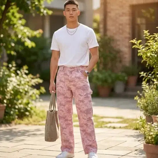 [BUNJANG] ONLY Men's Pink Camouflage Carpenter Wide Leg Denim Jeans / ONLY(온리) 남성용 카모플라쥬 와이드 카펜터 데님 팬츠