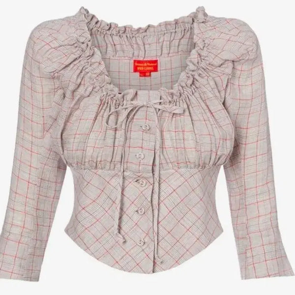 [BUNJANG] Vivienne Westwood Red Label Check Corset Linen Summer Jacket / 비비안웨스트우드 레드라벨 체크 블라우스 코르셋 린넨 그레이 썸머 자켓