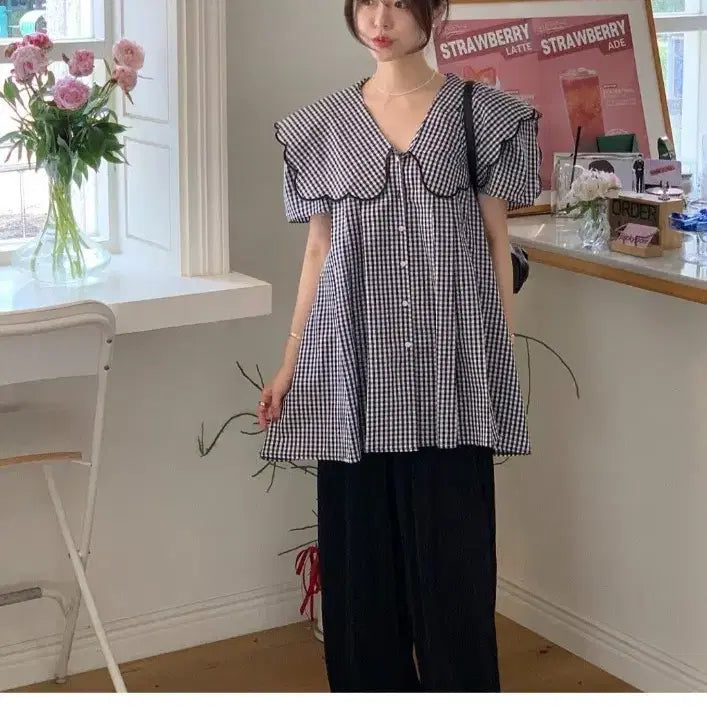 [BUNJANG] Bicini Gingham Check Long Blouse / 무료배송/바이씨니 깅엄체크롱블라우스