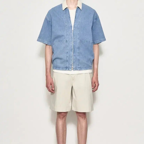 [BUNJANG] Time Homme Denim Half Sleeve Collar Zip-Up Jumper Size 100 / 타임옴므 데님 하프 슬리브 칼라 집업 점퍼 100