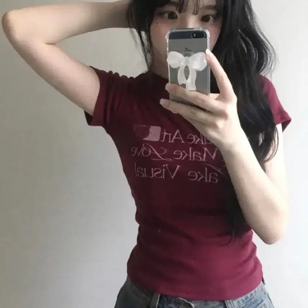[BUNJANG] Feminine Printed Short Sleeve T-Shirt / 페미닌 허리잘록 프린팅 반팔티