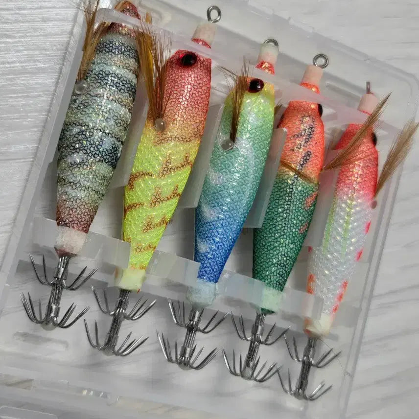 [BUNJANG] Luminous Squid & Cuttlefish Eging Lures Set (5 pcs, Case Included) / [새상품/5개세트] 쭈꾸미 갑오징어 야광 에기 세트 (케이스 포함)