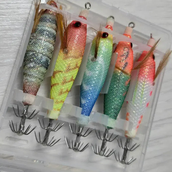 [BUNJANG] Luminous Squid & Cuttlefish Eging Lures Set (5 pcs, Case Included) / [새상품/5개세트] 쭈꾸미 갑오징어 야광 에기 세트 (케이스 포함)