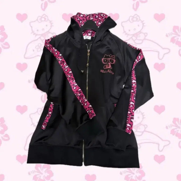 [BUNJANG] Vintage Hello Kitty Gally Leopard Print Hoodie Zip-Up / 일본 빈티지 헬로키티 갸루호피 후드집업