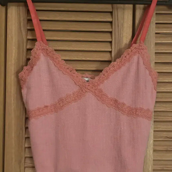 [BUNJANG] As If Cafe Pink Lace Spaghetti Strap Top / 애즈이프캘리 핑크 레이스 끈나시