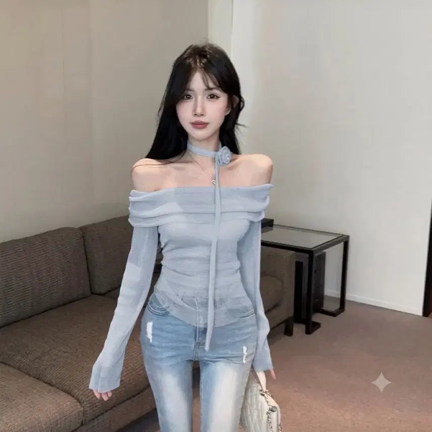 [BUNJANG] Pearl Tie Off-Shoulder Top / 새제품) 펄 타이 오프숄더 탑