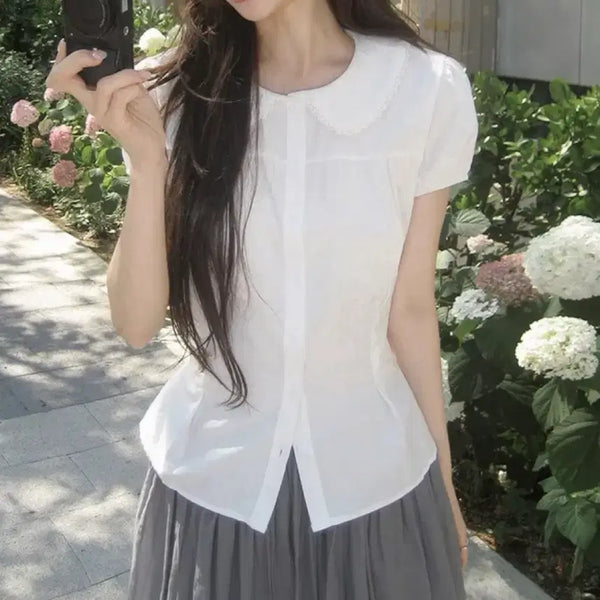 [BUNJANG] White Lace Collar Short Sleeve Blouse / 새제품 레이스 카라 반팔 블라우스 흰색 모리걸 블라우스