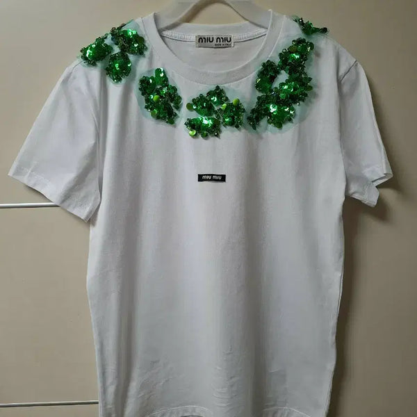 [BUNJANG] Miu Miu White Sequin T-Shirt / 미우미우 화이트 스팽글 티셔츠