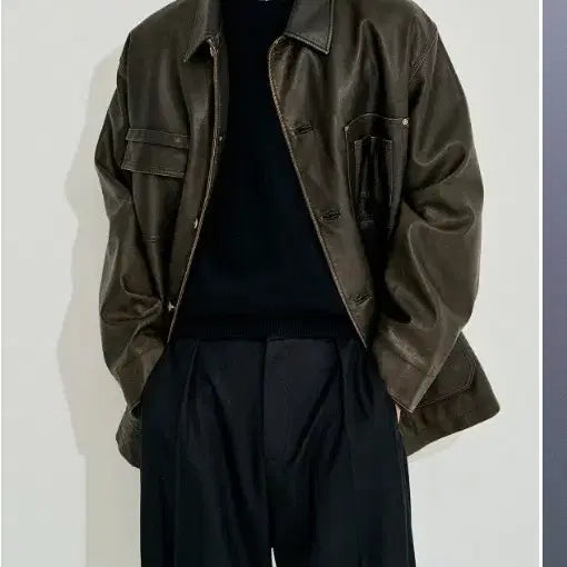 [BUNJANG] System Homme Leather Pocket Collar Jacket / 시스템옴므 레더 포켓 칼라 자켓