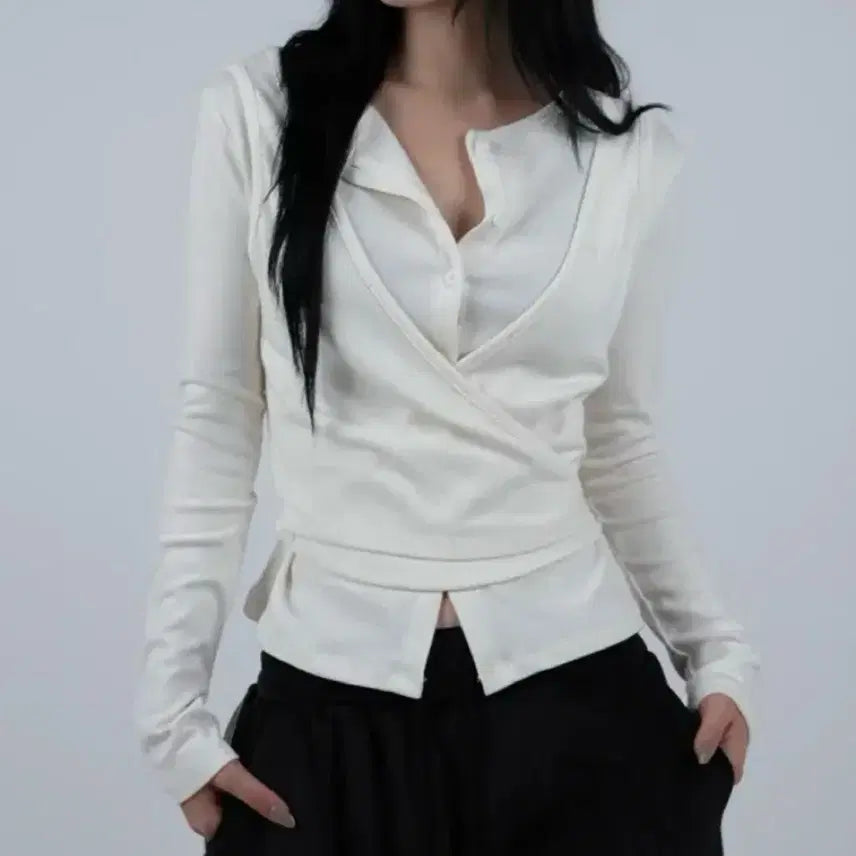 [BUNJANG] Dagi Lab Cardigan Span Wrap Layered Strap Top Black / 다기 랩 가디건 스판 랩 레이어드 스트랩 상의 블랙