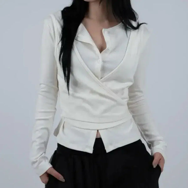 [BUNJANG] Dagi Lab Cardigan Span Wrap Layered Strap Top Black / 다기 랩 가디건 스판 랩 레이어드 스트랩 상의 블랙