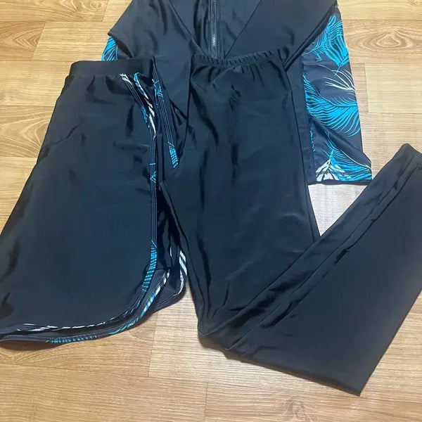 [BUNJANG] Kids Rash Guard Set - Black, Blue Leaf Pattern / 어린이 래쉬가드 세트 블랙 블루 잎사귀