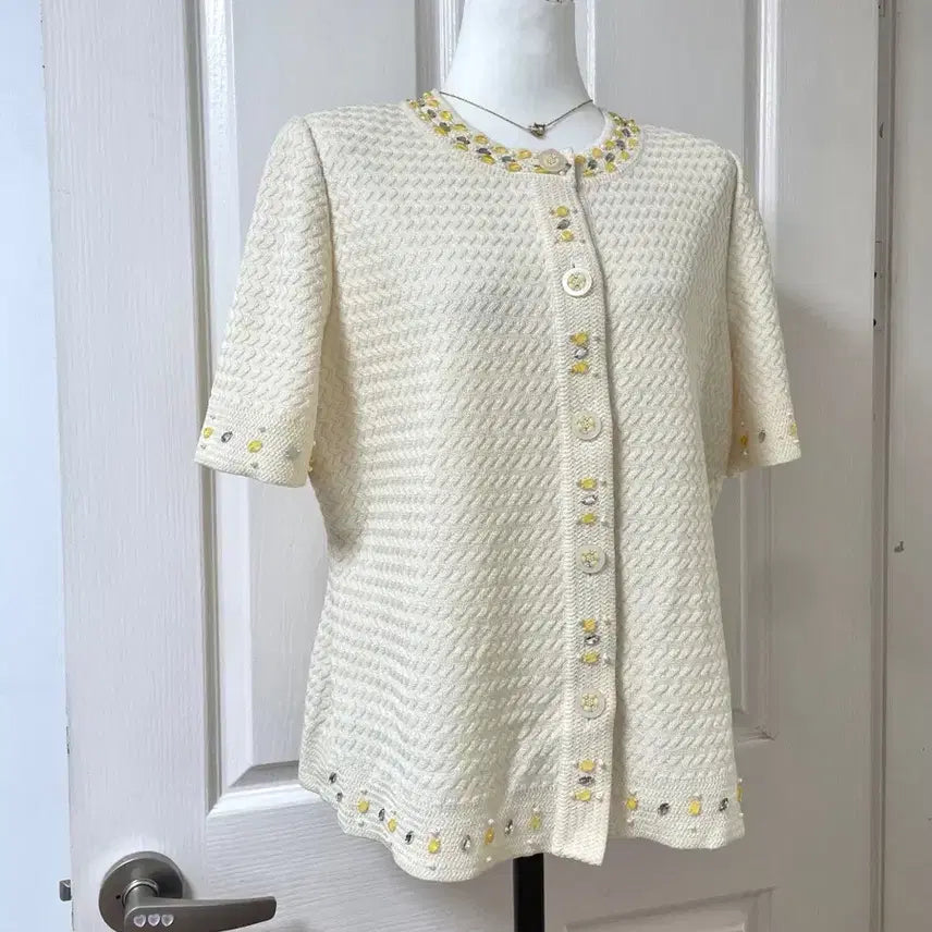 [BUNJANG] Crochet Bead Pearl Knit Short Sleeve Summer Cardigan & Tweed Jacket (Fits 66-77) / 크로셰 비즈 펄 니트 반팔 여름 가디건 빅사이즈 트위드 자켓 66-77