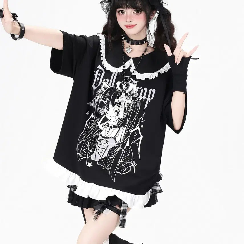 [BUNJANG] CRAZYGIRL Girls' Subculture Print Sailor Collar Short Sleeve T-Shirt / CRAZYGIRL 서브컬쳐 걸 프린트 세일러 카라 반팔 티셔츠