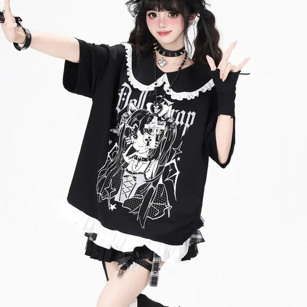 [BUNJANG] CRAZYGIRL Girls' Subculture Print Sailor Collar Short Sleeve T-Shirt / CRAZYGIRL 서브컬쳐 걸 프린트 세일러 카라 반팔 티셔츠