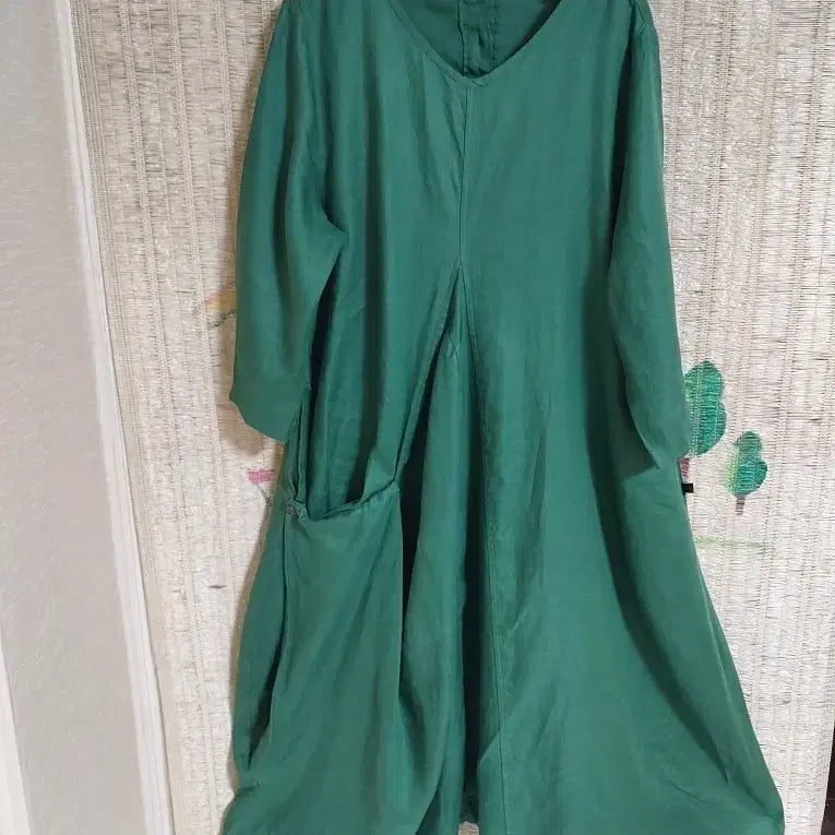 [BUNJANG] BAN SEUK Solid Color Linen Green Long Dress / 미사용)BAN SEUK 단색 린넨 그린 롱원피스