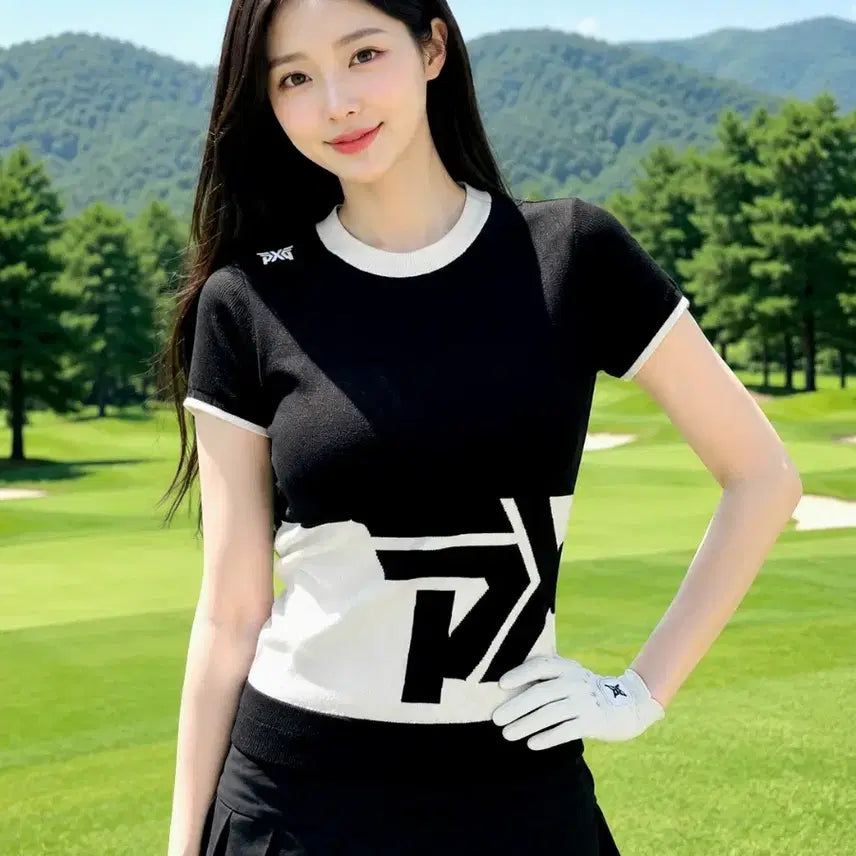 [BUNJANG] PXG Women's Black Color Block Big Logo Crewneck Short Sleeve Golf Knit (Size S) / PXG 여성 블랙 배색 빅로고 크루넥 반팔 골프 니트 S