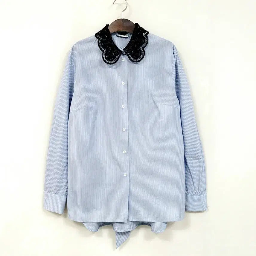 [BUNJANG] Sandro Striped Shirt Black Lace Collar / 산드로 스트라이프 셔츠 블랙 레이스 칼라 매장정품 B246
