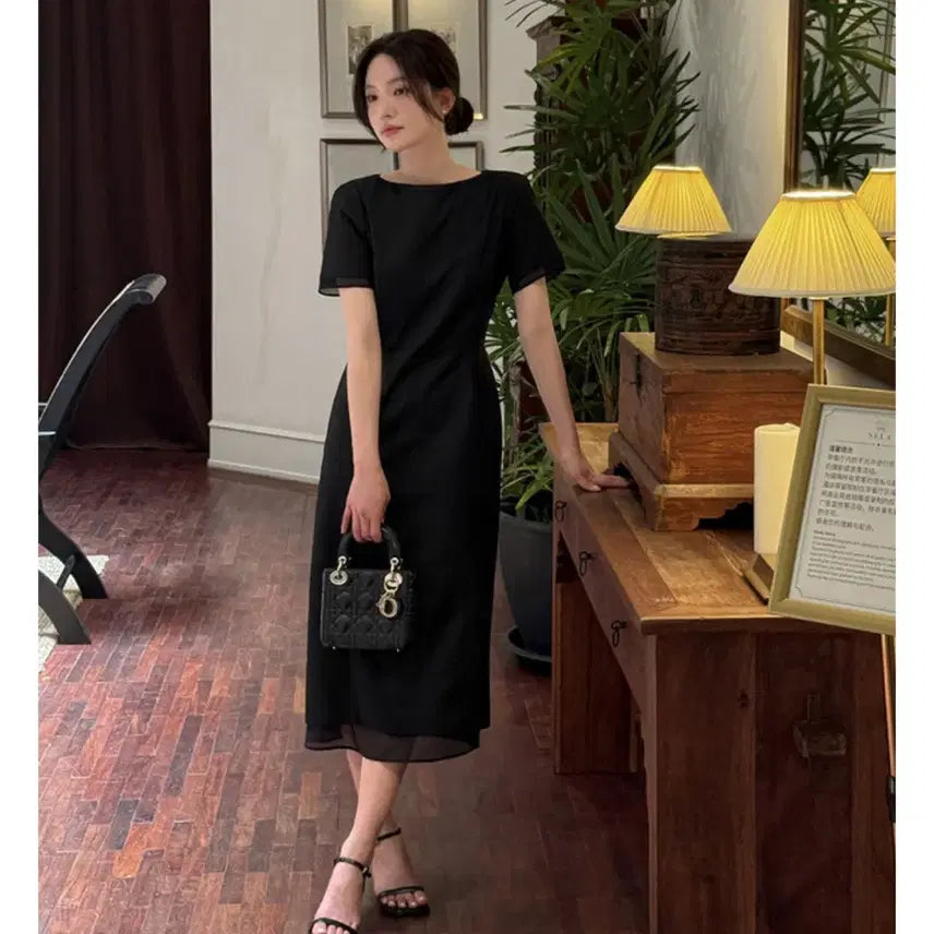 [BUNJANG] K-Club Weaver Boatneck See-through Long Dress / [새상품] 케이클럽 베버 보트넥 시스루 롱 원피스 하객룩 하객원피스