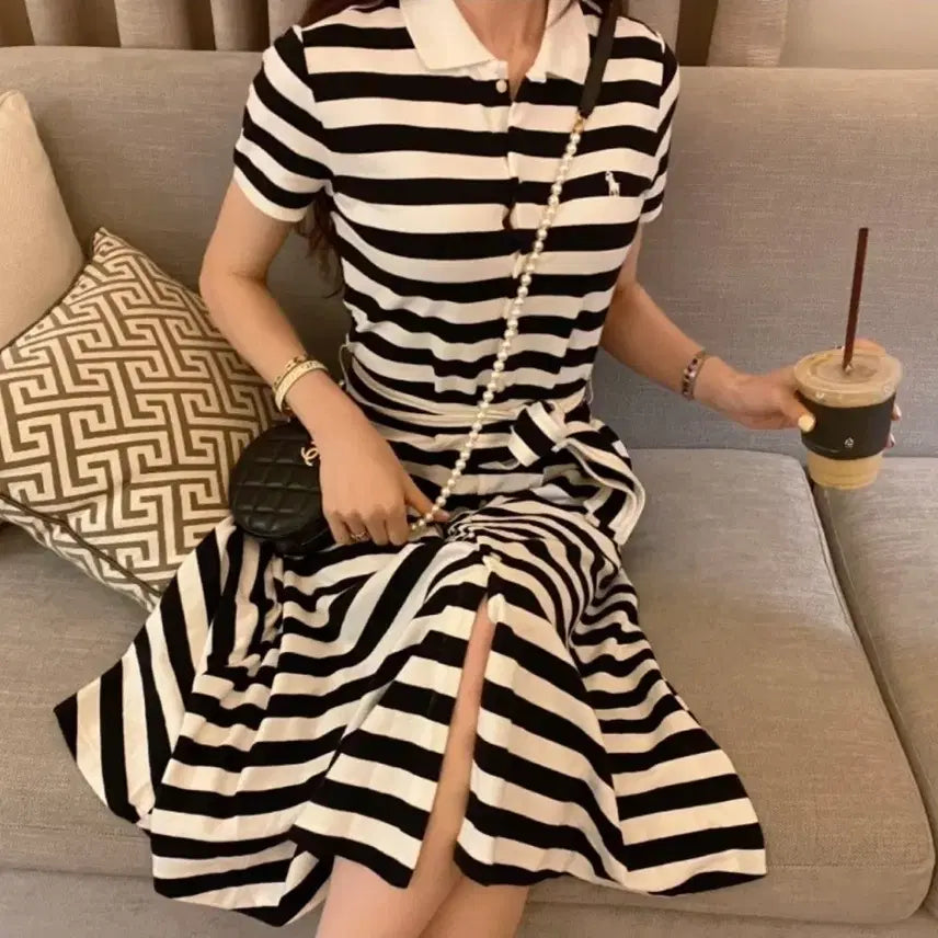 [BUNJANG] Polo Ralph Lauren Striped Women's Belted Shirt Long Dress / (정품)폴로 랄프로렌 스트라이프 여성 카라 벨트 셔츠 롱원피스 드레스