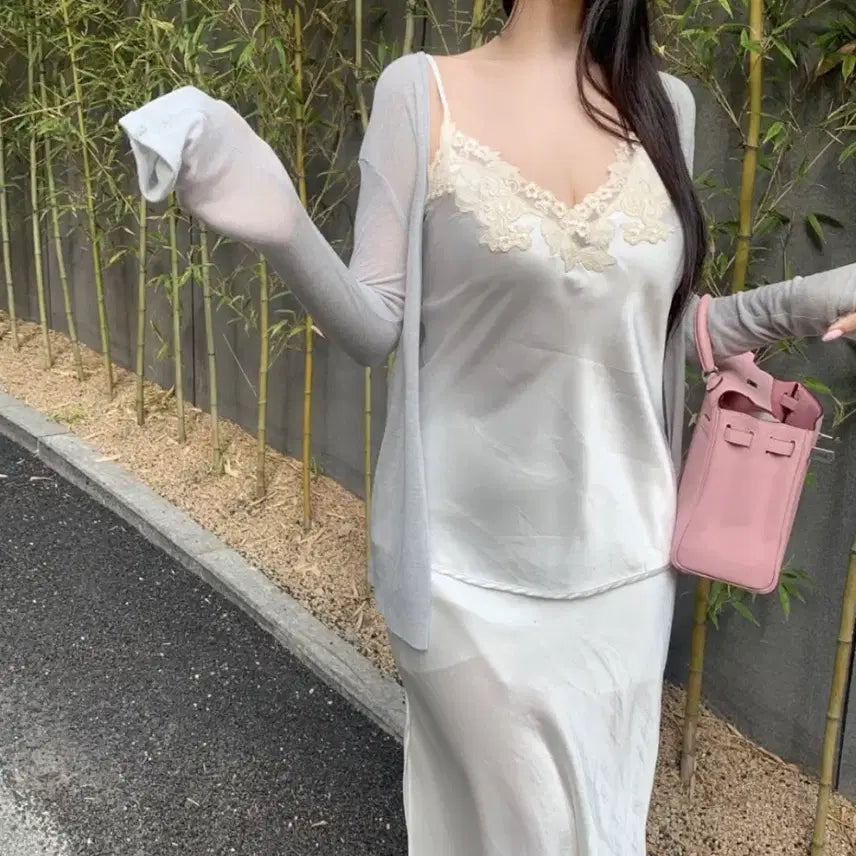 [BUNJANG] Shashalel Lapelle Slim Cardigan with Shirring Cap Inner Tank Set / [정가6만 새상품] 샤샤엘르 라펠르 슬림 가디건  + 셔링 캡내장 나시